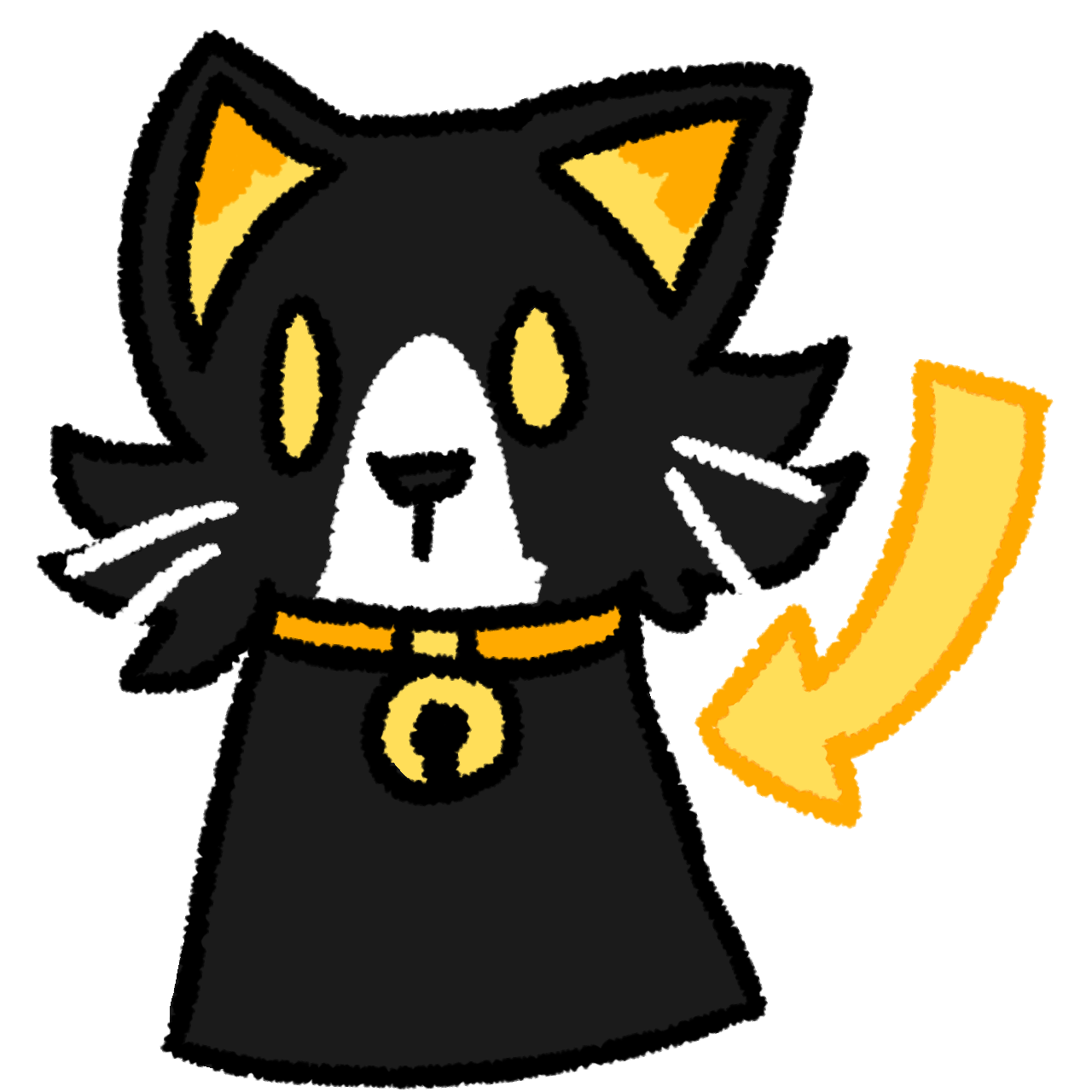 a yellow arrow pointing to a black cat with a white muzzle and whiskers